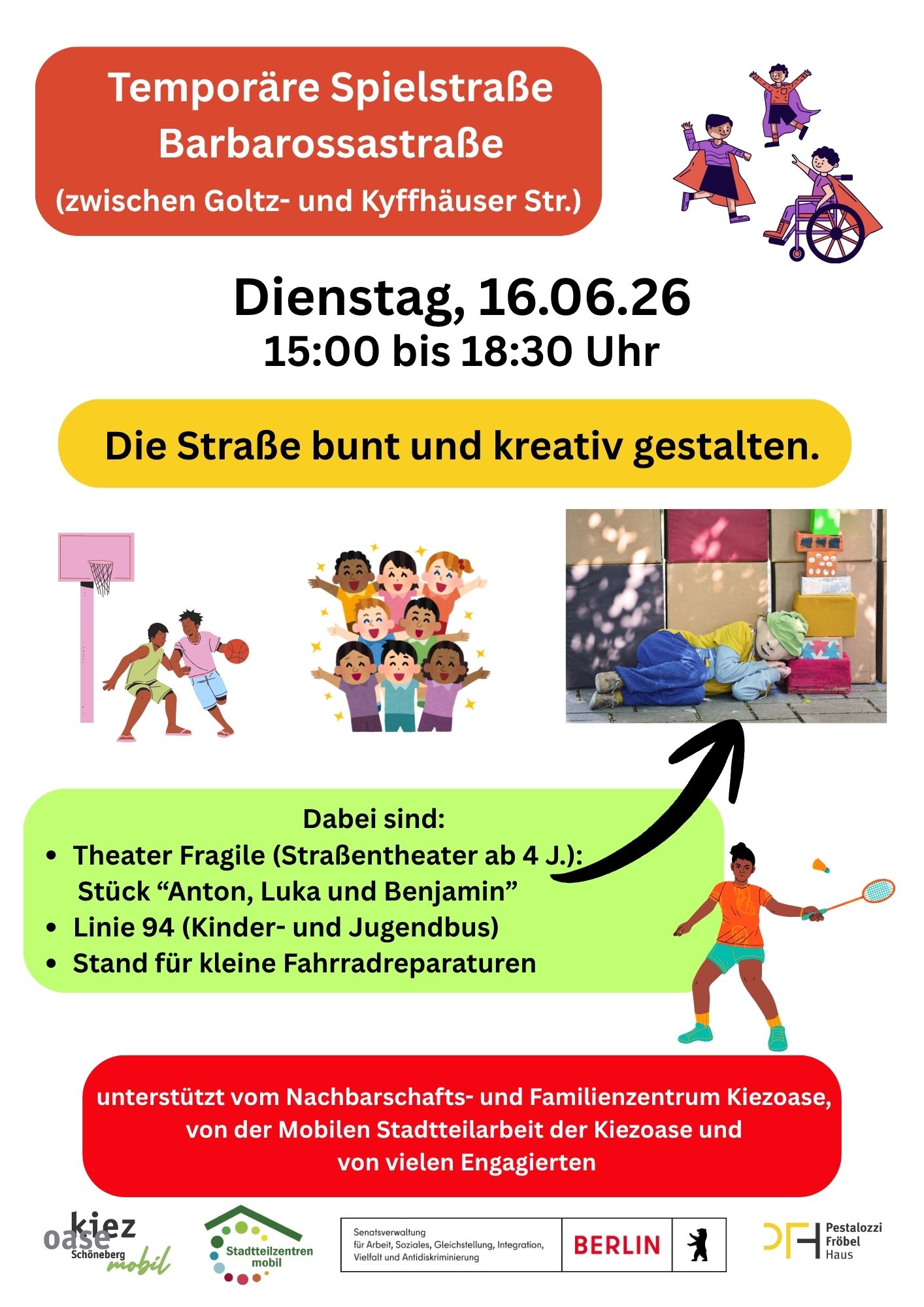Temporäre Spielstraße Barbarossastraße (zwischen Goltz- und Kyffhäuser Str.)